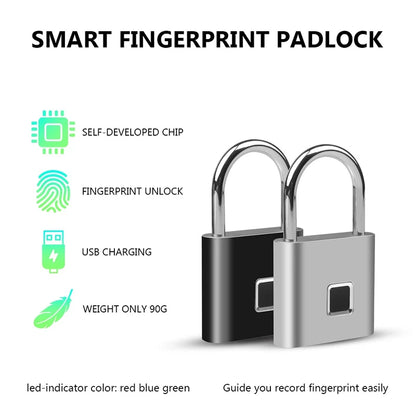 Black Silver USB Rechargeable Door Smart Lock Fingerprint Padlock Quick Unlock Zinc Alloy Metal High Identify Security Lock